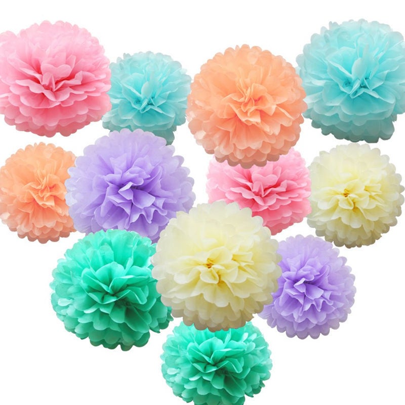 iShyan 12 Pcs Assorted Rainbow Colors Tissue Paper Pom Poms Flower Balls for Birthday Wedding Party Baby Shower Decorations - Image 1